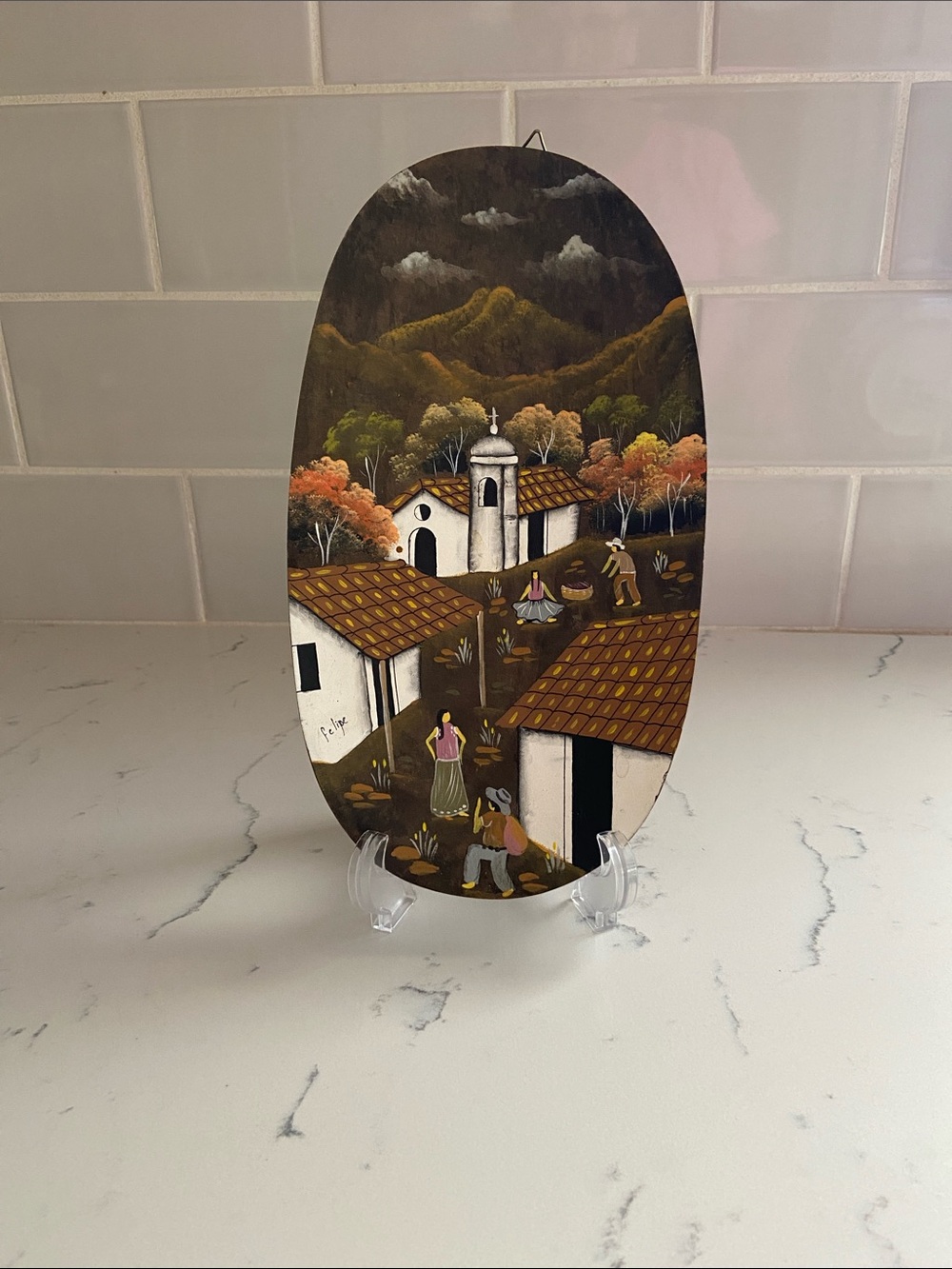 Vintage Felipe Hand Painted Folk Art Village Wood Wall Plaque 11"
